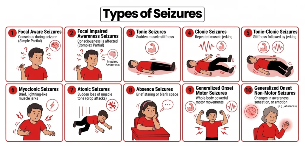An educational infographic illustrating and describing ten different types of seizures.