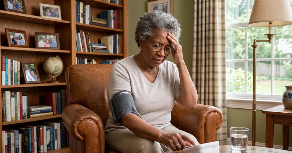 Dehydrated woman checking high blood pressure.