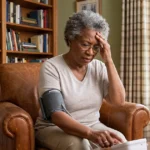 Dehydrated woman checking high blood pressure.