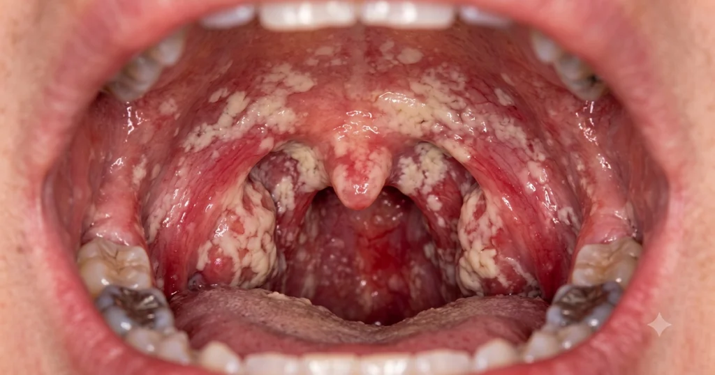 Oral yeast infection from candida overgrowth.