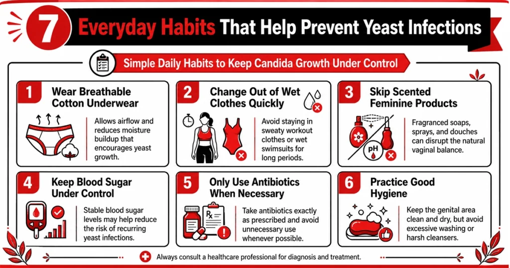 Infographic showing yeast infection prevention habits.