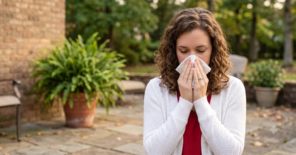 Woman blowing her nose from seasonal allergies