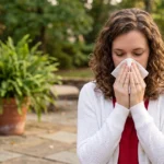 Woman blowing her nose from seasonal allergies