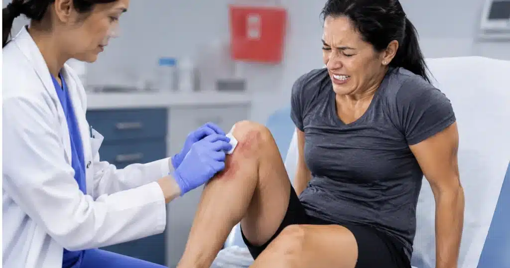 Doctor examining a woman’s injured and bruised knee in a clinic.