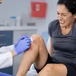 Doctor examining a woman’s injured and bruised knee in a clinic.