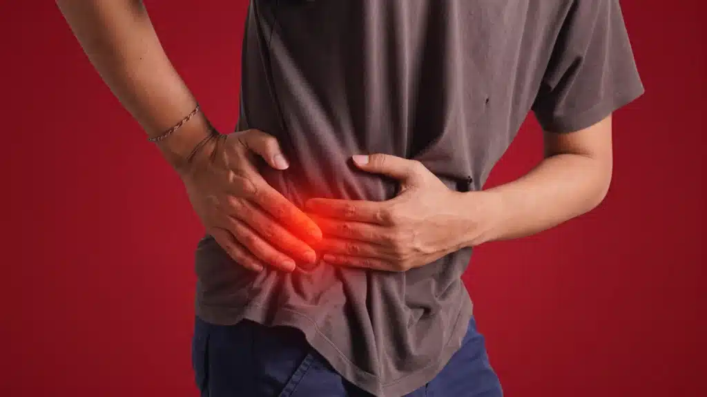 Person clutching their right abdomen with a red glow indicating pain. with a red background.