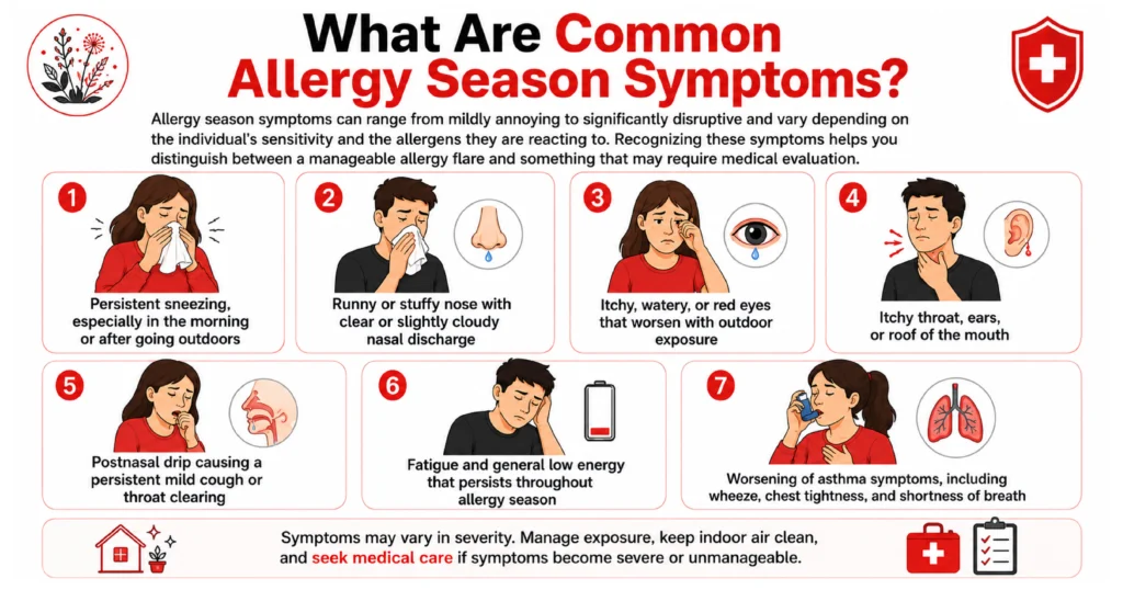 Infographic of seven allergy season symptoms.