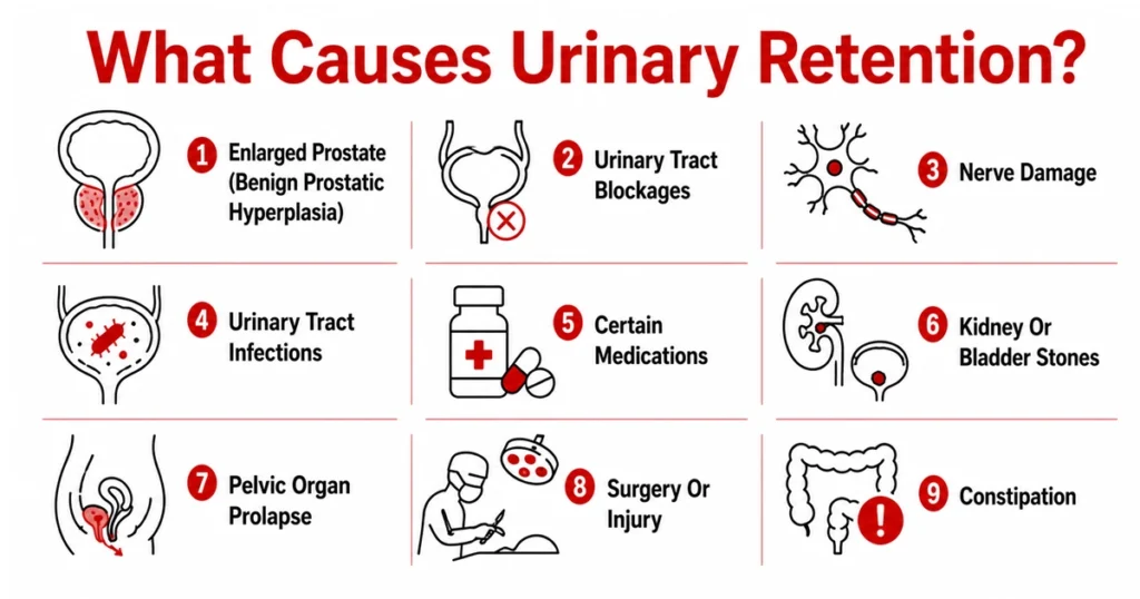 Infographic illustrating nine common causes of urinary retention.