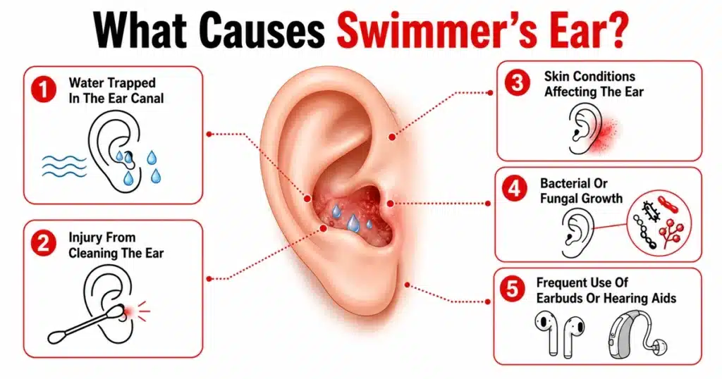 Infographic showing five common causes of swimmer’s ear.