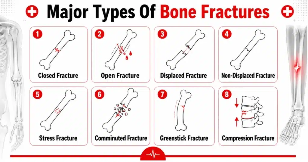 Infographic illustrating eight major types of bone fractures.