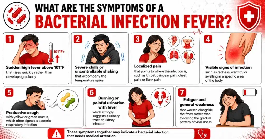Infographic showing seven common bacterial fever symptoms.