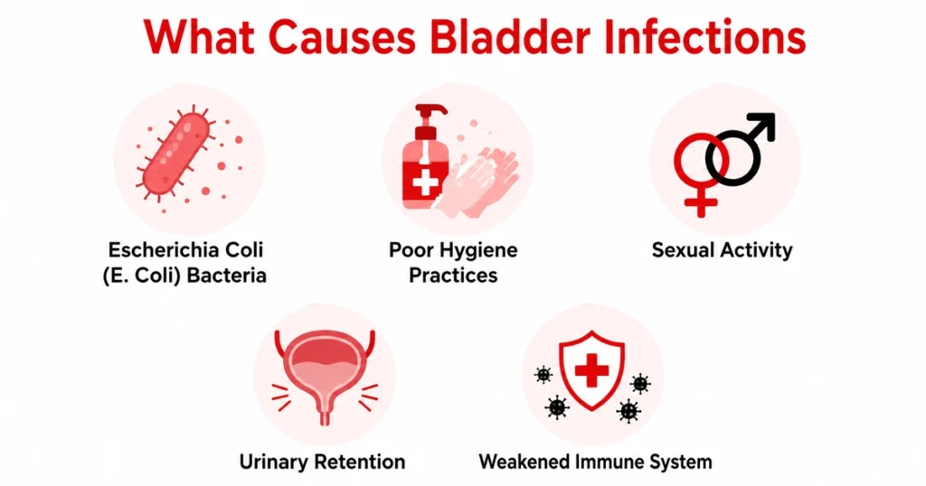 Common causes of bladder infections infographic.