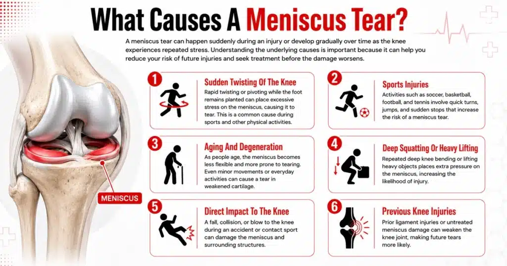 Infographic showing six common causes of a meniscus tear with knee illustrations.