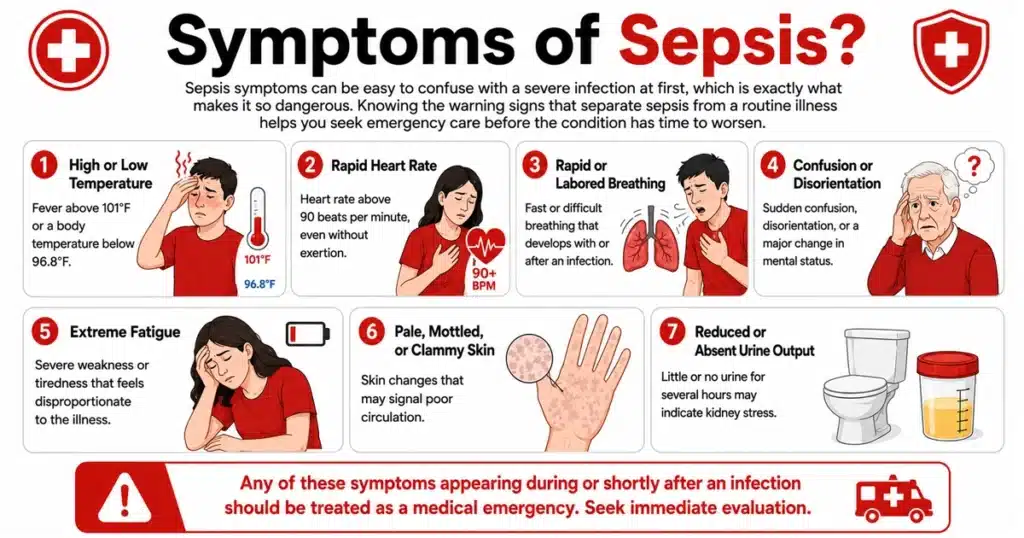 Infographic showing seven warning symptoms of sepsis.