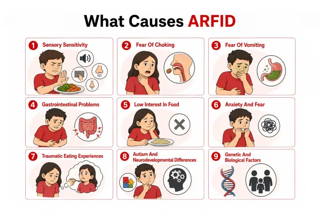 Educational graphic illustrating nine potential factors causing ARFID eating disorders.