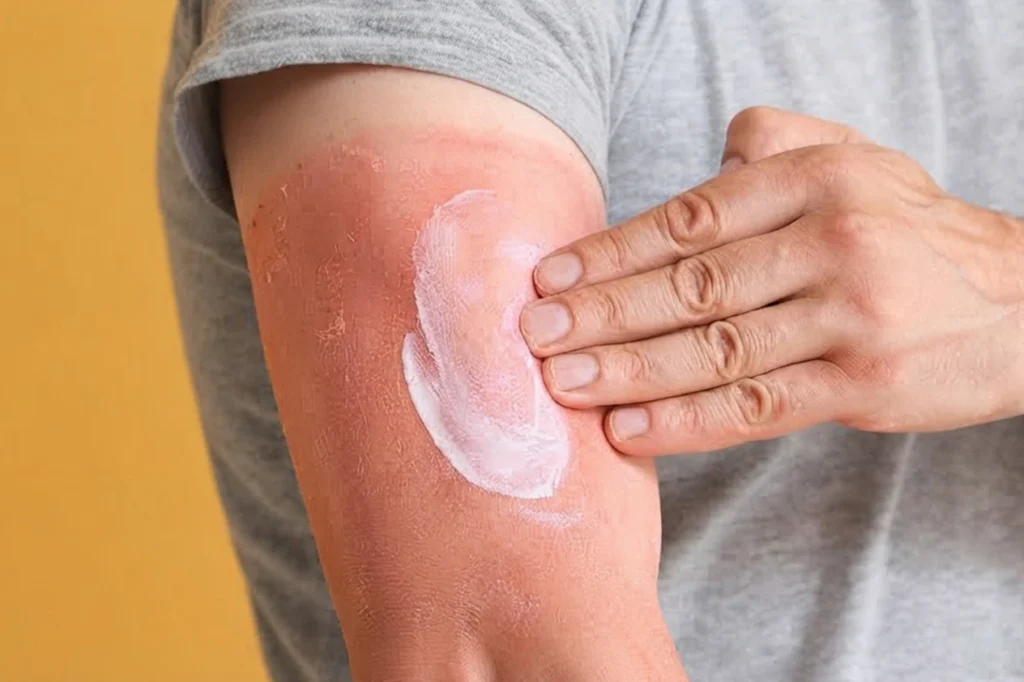 Close-up of a man applying soothing white lotion to a severe red sunburn on his upper arm against a yellow background.