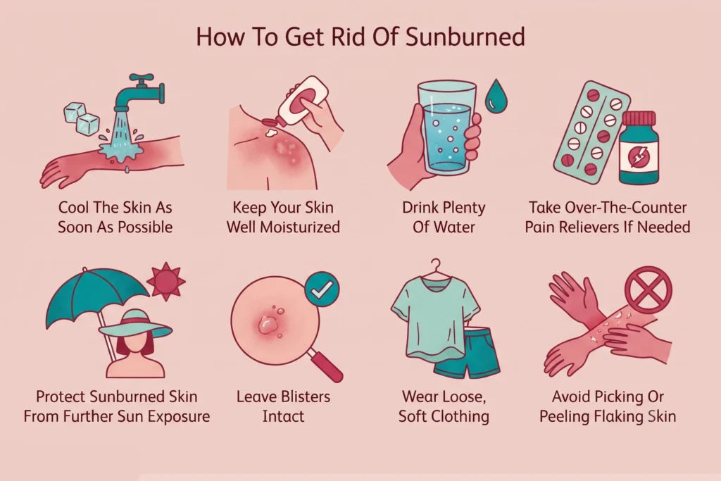 Educational graphic illustrating eight steps for treating sunburned skin.