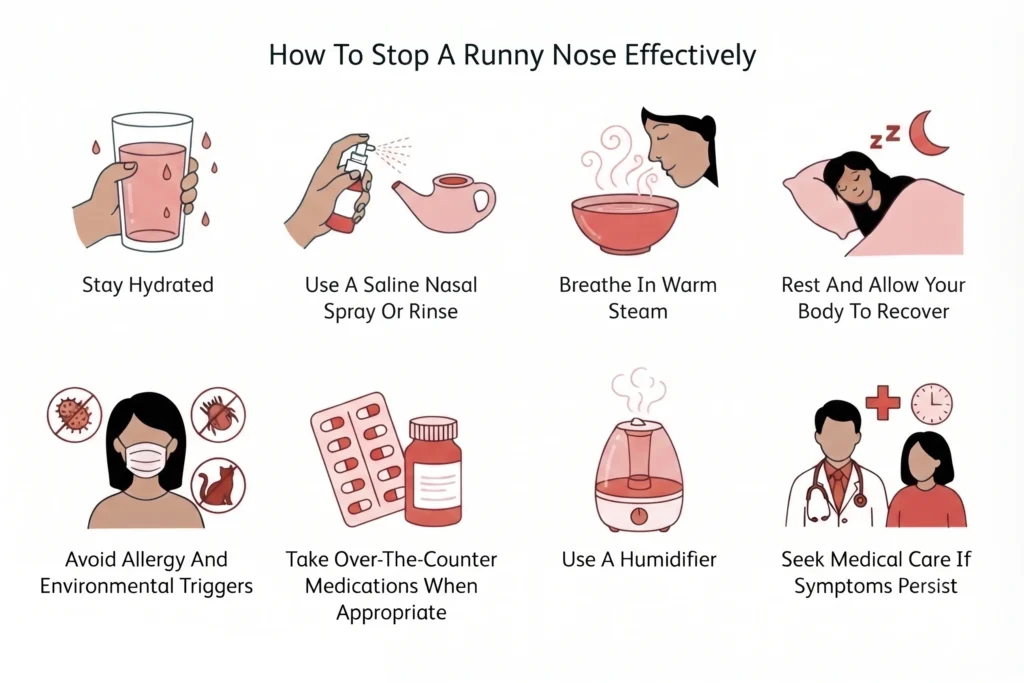 Infographic illustrating eight effective tips to stop a runny nose.