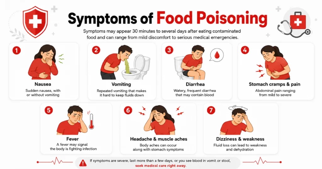 Infographic showing common food poisoning symptoms