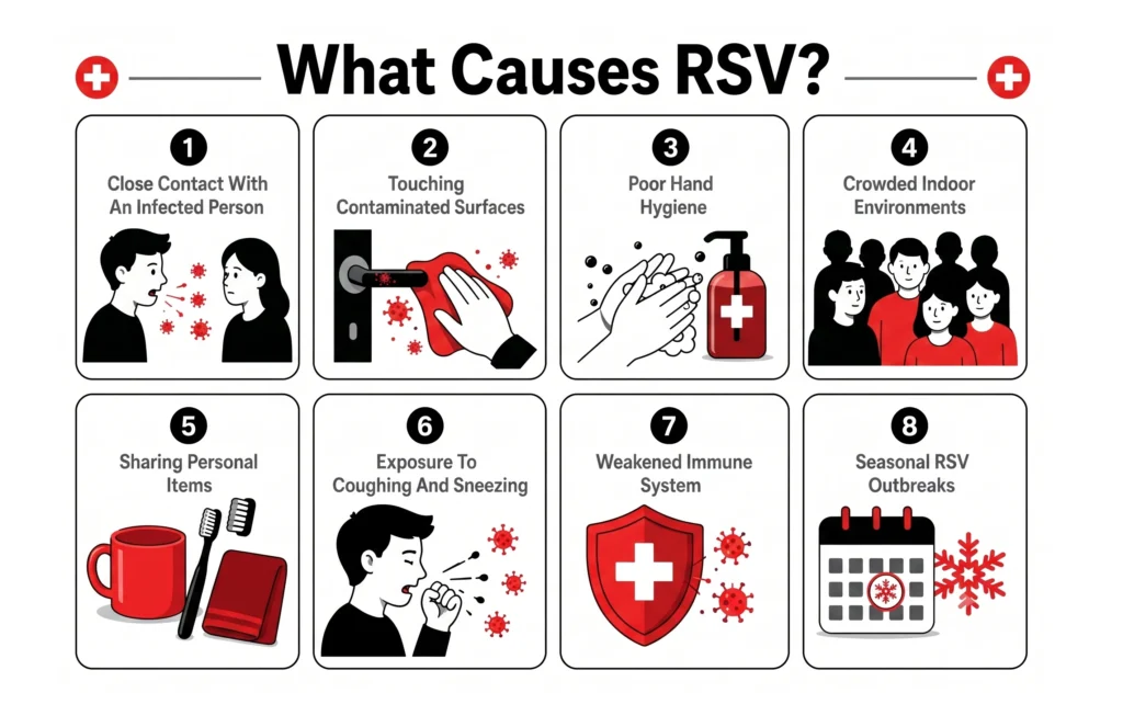 Infographic illustrating eight common causes of RSV in red and black.