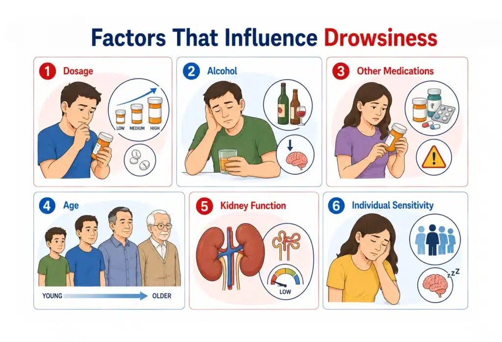 Educational infographic detailing six key factors that influence drowsiness levels.