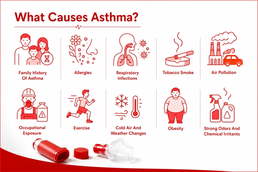 Infographic titled "What Causes Asthma?" showing 10 common triggers with red icons and an inhaler.