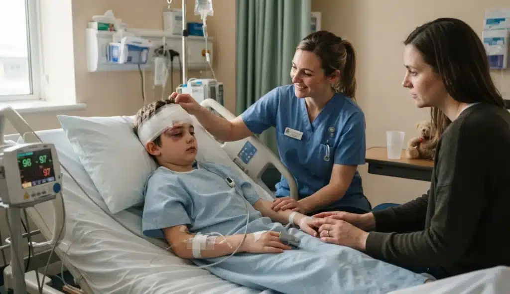 Nurse and mother comforting a hospitalized boy with a head injury.