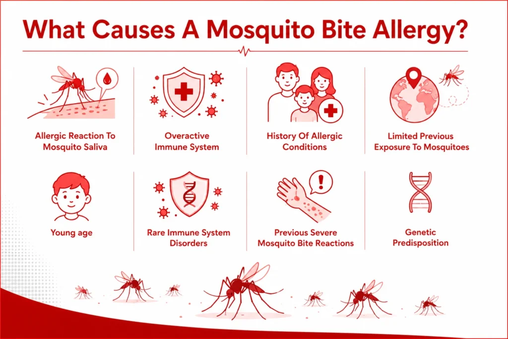 Infographic titled "What Causes A Mosquito Bite Allergy?" showing 8 key causes with red icons.