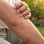 Close-up of a forearm with red mosquito bites in a garden setting.