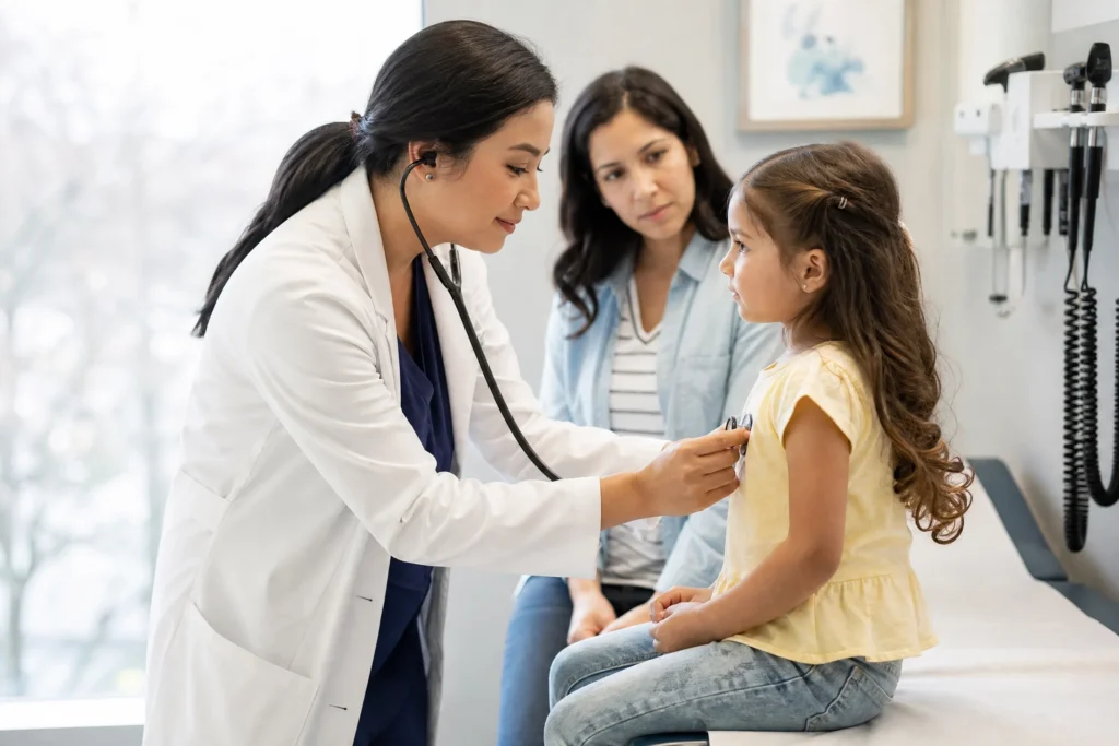 Pediatrician examining a child in a modern hospital room (RSV focus).