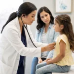 Pediatrician examining a child in a modern hospital room (RSV focus).