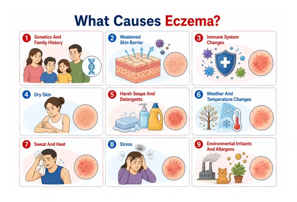 Infographics of nine distinct underlying causes of eczema flare-ups.