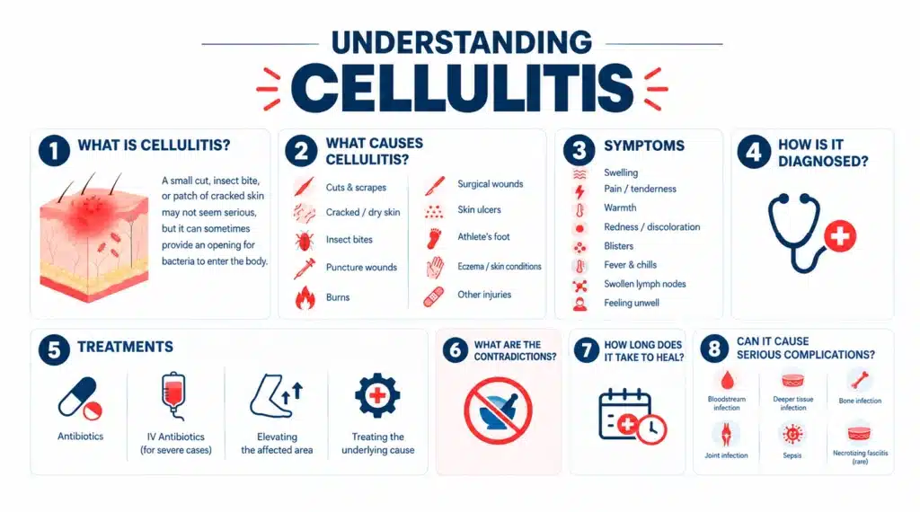 Infographic detailing causes, symptoms, treatments, and complications of cellulitis.