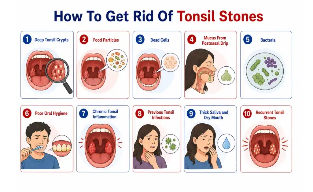 Detailed medical illustration chart showing ten causes of tonsil stones.